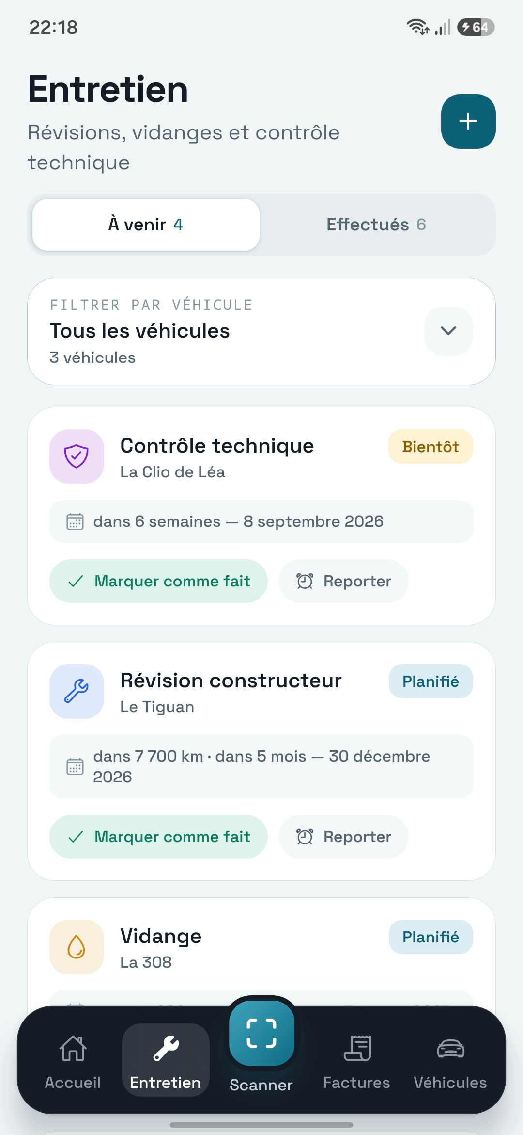 Les échéances d'entretien à venir dans Kiloméo