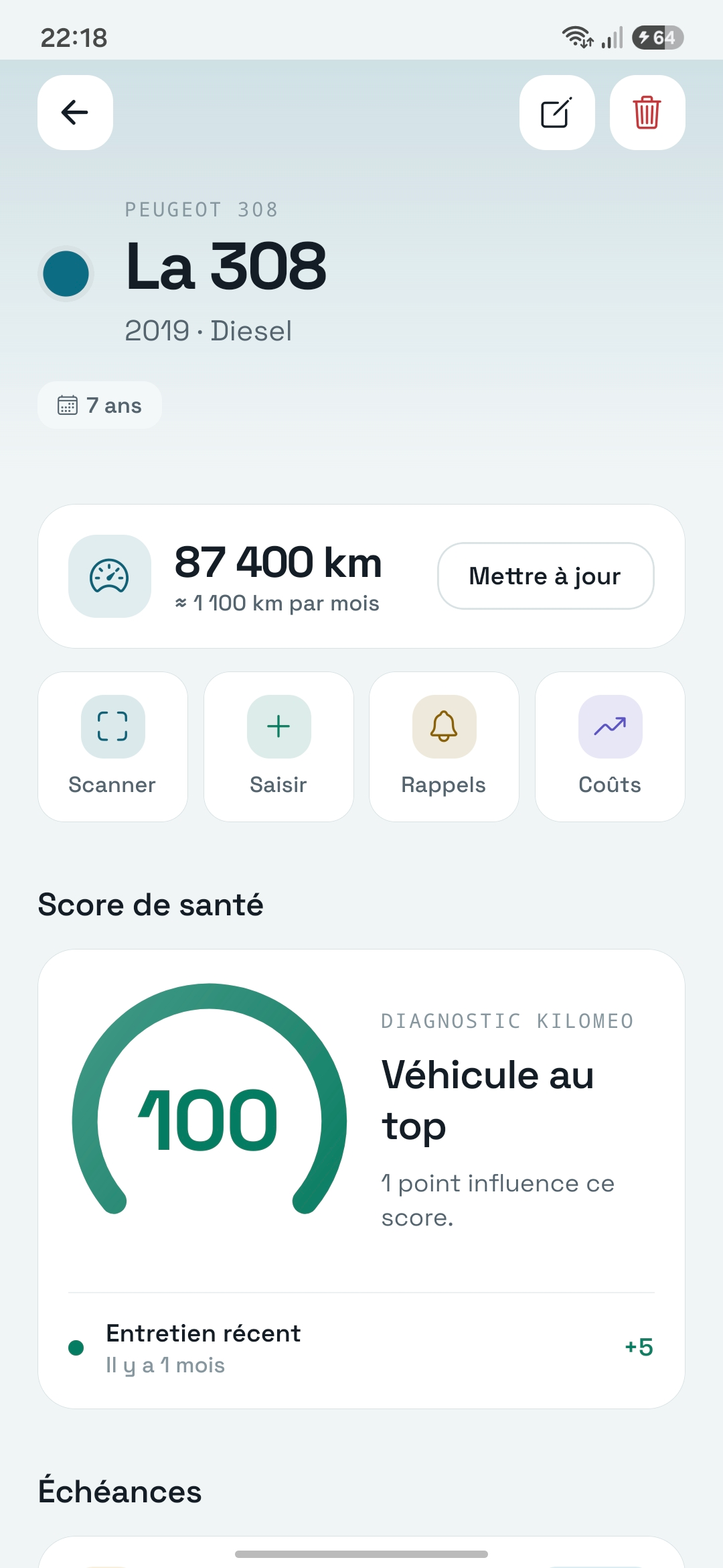La fiche d'un véhicule dans Kiloméo, avec son score de santé